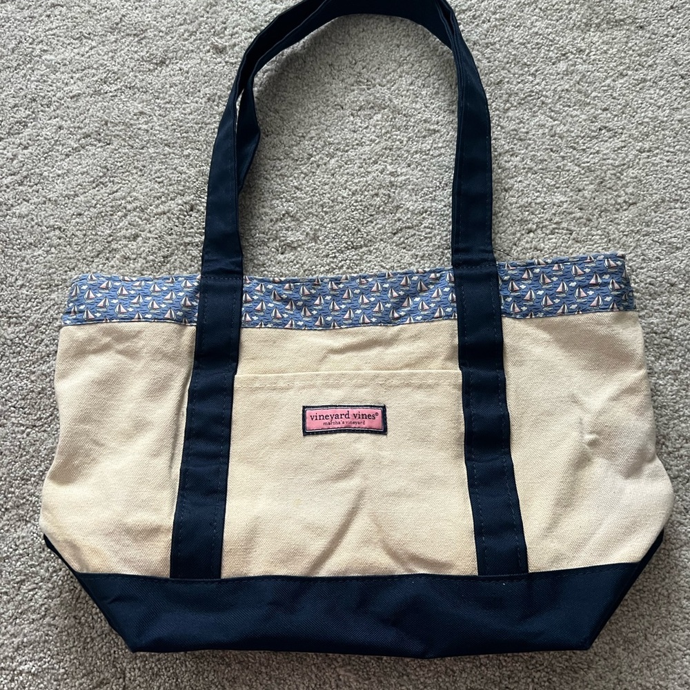 Vineyard Vines Navy Blue and Cream Canvas Tote with Sailboat Trim